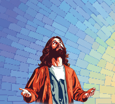 Graphic of a mosaic sunrise background with Jesus looking up with upon arms
